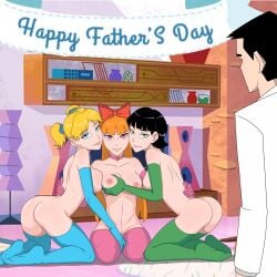 3girls aged_up big_ass big_breasts blossom_(powerpuff_girls) breasts bubbles_(powerpuff_girls) butt buttercup_(powerpuff_girls) curvy foursome grabbing_another's_breast pose posing powerpuff_girls