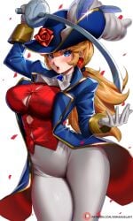 1girls absurdres ascot blue_coat blue_hat blush breasts brooch button_gap cleavage coat earrings enma_(enmanuelart) enmanuelart20 female flower gloves gold_trim hat hat_feather hat_flower highres jewelry large_breasts long_hair long_sleeves looking_at_viewer mario_(series) nintendo open_mouth pants ponytail princess_peach princess_peach:_showtime! rapier red_shirt rose shirt solo sword swordfighter_peach thighs weapon white_gloves white_pants