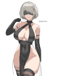 alternate_costume black_armwear black_blindfold black_dress blindfold breasts cleavage commentary_request covered_eyes dress female fishnet_armwear fishnet_legwear fishnets highres hourglass_figure hourglass_figured_female igiroitsu inner_sideboob mole mole_under_mouth navel_visible_through_clothes nier:_automata nier:automata nier_(series) pelvic_curtain sideboob simple_background skindentation solo twitter_username white_background wide_hips yorha_2b