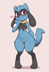2025 absurd_res ai_generated anthro blue_body blue_fur blue_tail colored cute_expression female fur generation_4_pokemon genitals heart hi_res looking_at_viewer nintendo pokemon pokemon_(species) pussy red_eyes riolu shaded simple_background simple_shading smile solo wide_hips