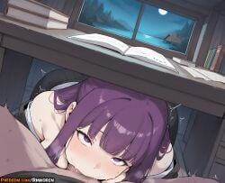 1boy 2025 ai ai_assisted ai_generated anime anime_girl anime_style artist_name bangs bare_shoulders blush book breasts deepthroat desk fellatio female fern_(sousou_no_frieren) frieren_beyond_journey's_end hi_res high_quality high_res high_resolution highres indoors large_breasts long_hair looking_at_viewer moon night oral patreon patreon_username penis pov purple_eyes purple_hair rinkoai solo_focus sousou_no_frieren straight uncensored under_the_table under_the_table watermark