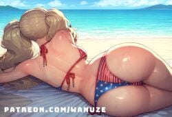 ai_generated american_flag american_flag_bikini ann_takamaki beach big_ass big_breasts big_butt big_thighs blonde_hair blue_eyes blush from_behind huge_ass huge_butt huge_thighs lying medium_breasts on_side persona persona_5 takamaki_anne twintails wanuze wide_hips