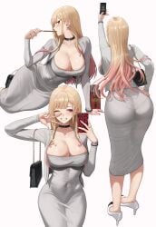 ass bag black_choker bracelet breasts cellphone choker curvy dongtan_dress dress female food food_in_mouth full_body grey_dress handbag high_heels highres holding holding_phone jewelry kitagawa_marin large_breasts meme_attire multiple_views pantylines phone pocky pocky_in_mouth selfie silvertsuki smartphone sono_bisque_doll_wa_koi_wo_suru w