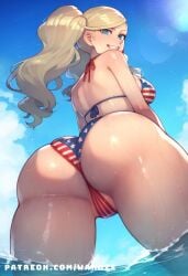 ai_generated american_flag american_flag_bikini ann_takamaki beach big_ass big_breasts big_butt big_thighs blonde_hair blue_eyes blush cameltoe from_behind huge_ass huge_butt huge_thighs medium_breasts persona persona_5 takamaki_anne twintails wanuze wide_hips