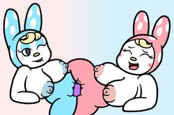 2017 animal_crossing anthro areola big_breasts blush breasts chrissy_(animal_crossing) dildo duo female francine_(animal_crossing) lagomorph lying mammal mr.under nintendo nipples nude on_back open_mouth pussy_juice rabbit sex sex_toy smile spread_legs spreading tribadism video_games yuri