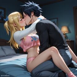 1boy 1female 1male ai_generated bedroom black_hair blonde_hair clothed couple fairy_tail female gray_fullbuster intimate kissing lucy_heartfilia night pink_panties saliva sexy_pose tied_hair