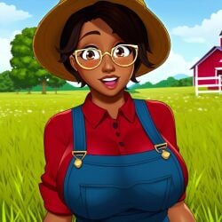 1girls ai_generated arcane big_breasts big_breasts blue_overalls breasts breasts brown_hair brown_skin collared_shirt farm farmer farmgirl female female female_focus female_only glasses large_boobs large_breasts league_of_legends looking_at_viewer open_mouth outdoors outside overalls red_shirt short_hair sky_young solo solo_female solo_focus