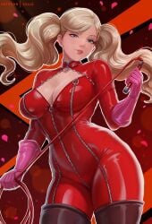 ann_takamaki blonde_hair blue_eyes bodysuit breasts cowboy_shot exlic falling_petals female hair_ornament hairclip highres holding holding_whip large_breasts looking_at_viewer panther_(persona_5) persona persona_5 petals red_background red_bodysuit solo twintails