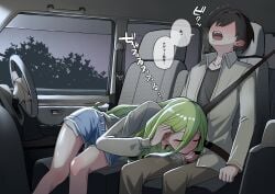 100_kanojo 1boy absurdres adult_and_teenager aijou_rentarou blue_shorts car_interior closed_eyes exposed_pocket fellatio female green_hair grey_shirt hair_between_eyes handjob highres kimi_no_koto_ga_dai_dai_dai_dai_daisuki_na_100-nin_no_kanojo long_hair long_hair_between_eyes male mature_female open_mouth oral road_head seatbelt shashadog18 shirt short_shorts shorts sitting straight teacher_and_student teenage_boy the_100_girlfriends_who_really_really_really_really_really_love_you tucking_hair wing_collar yamato_nadeshiko