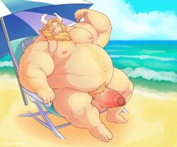 anthro asgore_dreemurr balls bara beard big_penis body_hair boner deltarune erection facial_hair flexing furry goat horns male male_only manlyster musclegut muscles muscular nude open_shirt overweight penis shirt sitting solo solo_male sweat sweating undertale