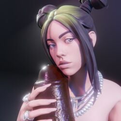 1boy 1girls 3d billie_eilish billie_eilish_(fortnite) blender blue_eyes caress cock_worship dark-skinned_male gogochimera holding_penis huge_cock jewelry naked_female necklace pale-skinned_female penis precum rings veiny_penis