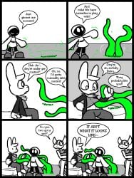2025 2_horns 4_fingers anthro apron apron_only balls barefoot barely_visible_genitalia barely_visible_penis big_balls big_penis blush bottomwear buckteeth clothing comic demon feet fingers genitals greyscale group horn imminent_sex imminent_tentacle_sex inside jacket kerchief lagomorph leo_the_magician leporid long_sleeves magic male mammal monochrome motion_lines mouthless no_pupils onomatopoeia open_mouth pants penis rabbit shadow_creature shirt sound_effects spot_color teeth tentacle tentacle_in_clothing text to-be-named-later topwear trio ultilix wes_(ultilix)