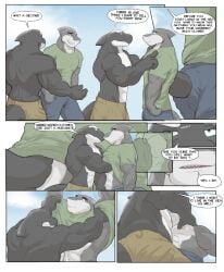anthro biceps big_muscles cetacean clothing comic deltoids dolphin duo english_text fish green_eyes hi_res humanoid_hands jazcabungcal male male/male mammal manly marine muscular muscular_anthro muscular_male nipples oceanic_dolphin orca outside pecs shark speech_bubble tail text third-party_edit toothed_whale undressing undressing_another