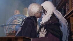 2girls against_bookshelf animated atelier_(arainydancer) black_skin blonde_hair breasts cleavage colored_eyelashes colored_skin curtained_hair dark_skin duchess_(nightreign) elden_ring elden_ring_nightreign french_kiss from_side hand_on_another's_head highres kissing lesbian_kiss mask multiple_girls passionate_kiss purple_sleeves recluse_(nightreign) tagme upper_body very_dark_skin video white_eyelashes white_hair witch yuri