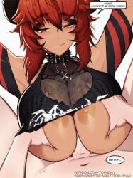 1boy 1girls amber_eyes areolae artist_name breast_grab breasts large_breasts light-skinned_male light_skin morganagod nipples outercourse paizuri paizuri_under_clothes partial_male penis penis_between_breasts red_hair tan-skinned_female tan_body tan_skin unseen_male_face virtual_youtuber vshojo white_background zentreya zentreya_(dragon)