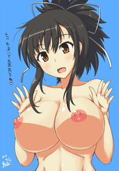 areolae asuka_(senran_kagura) blue_background blush breasts brown_eyes brown_hair dated female female hair_ornament hair_ribbon large_breasts looking_at_viewer nipples nishiumi_yuuta nude open_mouth ponytail ribbon senran_kagura senran_kagura_(series) shiny shiny_hair shiny_skin simple_background smile solo text tied_hair translation_request upper_body