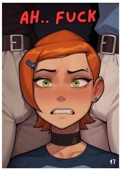 ai_generated artist_request ben_10 bulge cartoon_network choker close-up comic_page concerned crotch face_closeup ginger green_eyes gwen_tennyson imminent_oral imminent_rape imminent_sex number panel petite petite_female short_hair tagme teenage_girl teenager text tiny_female