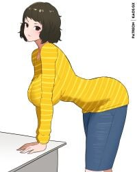 absurdres ass black_hair blue_skirt blush breasts brown_eyes brown_hair closed_mouth denim denim_skirt female highres kaos_art large_breasts long_sleeves looking_at_viewer pencil_skirt persona persona_5 sadayo_kawakami shirt short_hair skirt solo striped_clothes yellow_shirt