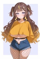 1girls ai_generated alternate_breast_size anya_melfissa belly belly_button black_panties blonde_hair blush brown_hair fishnet_legwear hololive hololive_indonesia huge_breasts long_hair navel no_bra purple_hair short_shorts thighs unbuttoned_pants unbuttoned_shorts underboob virtual_youtuber wide_hips yellow_shirt