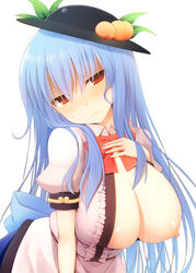 alternate_breast_size blue_hair blush breast_slip breasts female food fruit hanging_breasts hat kujiran large_breasts long_hair looking_at_viewer nipples one_breast_out peach_(fruit) red_eyes simple_background solo tenshi_hinanawi touhou white_background