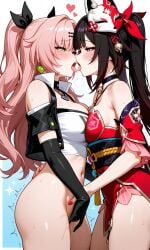 2girls ai_generated ass bell_collar black_hair breasts french_kiss green_eyes hand_on_pussy honkai:_star_rail honkai_(series) mask nicole_demara open_mouth pink_eyes pink_hair saliva sparkle_(honkai:_star_rail) twintails yuri zenless_zone_zero