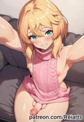 ai_art ai_generated androgynous androgynous_male big_ass big_butt big_hips big_penis blonde_hair bridget erect_penis erection femboy from_above gay gay_male hair_blonde pink_sweater reiarts selfie selfie_pose sweater virgin_killer_sweater yaoi