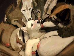 absurd_res anthro anthro_on_anthro black_nose bodily_fluids breasts brown_body brown_fur canid canine canis cum cum_on_penis domestic_dog face_lick female fur genital_fluids genitals grey_body grey_fur group hi_res kingdorkster licking licking_lips licking_own_lips male male/female mammal nipples nude nude_anthro nude_female nude_male penis tail tongue tongue_out white_body white_fur wolf