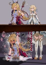 !? 2girls ? ?? ahoge anal anal_beads anal_beads_reveal arm_up blonde_hair blush chef_hat clenched_hand escoffier_(genshin_impact) female_ejaculation flower full-face_blush genshin_impact hair_flower hair_ornament hat heart highres implied_orgasm long_hair lucifina_006 lumine_(genshin_impact) multiple_girls pee_puddle peeing peeing_self pussy_juice pussy_juice_puddle sex_toy sex_toy_pull short_hair_with_long_locks sitting urine wariza wet wet_clothes wrist_cuffs yuri