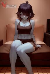 1girls 2d ai_generated ass barefeet big_ass big_breasts blue_skin bra breasts closed_eyes deltarune erophoenix feet female female_focus full_body kris_(deltarune) kris_female_(deltarune) looking_at_viewer midriff navel neutral_expression panties patreon_username solo solo_female sweat thick thick_thighs toes uncensored underwear