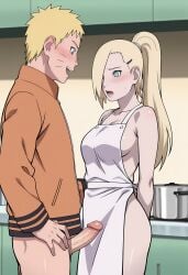 1boy 1girls ai_generated apron apron_only barely_clothed before_sex big_breasts blonde_hair blush boruto:_naruto_next_generations bottomless_male breasts cheating cheating_husband cheating_wife child_bearing_hips cleavage duo_focus erection female highres hourglass_figure huge_breasts imminent_sex indoors ino_yamanaka jacket kitchen looking_at_another mature mature_female milf mostly_nude naked_apron narugirlshot naruto naruto_(series) netorare no_bra no_panties penis penis_awe pinup ponytail presenting_penis smile solo thick_thighs thighs uzumaki_naruto very_long_hair voluptuous whisker_markings white_apron white_skin wide_hips wife yellow_hair