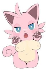 4_fingers absurd_res blue_eyes blush breasts cattiva domestic_cat felid feline felis female fingers hi_res mammal nipples oposa pal_(species) palworld paws pink_body pocketpair solo