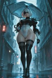 1girls 2d ai_generated aistuffo alley buildings cameltoe city clothed clothed_female eyewear female heel_boots legs nier nier:_automata night raining short_hair standing stockings street thick_thighs umbrella uncensored wet wet_clothes white_hair yorha_2b