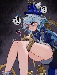!? 1girls ? ahoge ass bare_legs blue_eyes blue_hat blush bound female full-face_blush furina_(genshin_impact) genshin_impact hat highres imminent_rape lucifina lucifina006 lucifina_006 machine machinery restrained sweatdrop