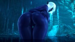 anus bending_forward breasts cave cavern elf_ears elf_female erect_nipples fallen_throne female female_only gold_eyes hair_between_eyes hair_over_one_eye large_breasts nipples noname55 nude nude_female pussy queen_nualia short_hair water white_hair