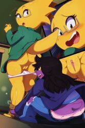 alphys anthro anus ass assisted_exposure boss_monster_(undertale) bottomwear bottomwear_down bottomwear_pull butt_cleavage chalk chalkboard classroom clothed clothing clothing_pull deltarune duo euf-dreamer eyewear fangs female genitals glasses hair hi_res jacket long_hair panties pants pants_down pants_pull partially_clothed purple_body school shirt surprise surprised_expression susie_(deltarune) tail teeth topwear torn_clothing undertale_(series) underwear vulva wardrobe_malfunction yellow_body