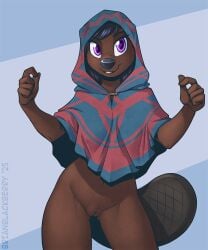 5:6 annie_(brian_mcpherson) anthro beaver beaver_tail black_hair bottomless brian_mcpherson brown_body buckteeth clothed clothing eyebrows female genitals hair mammal poncho purple_eyes rodent solo teeth vulva