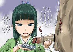1boy absurdres bar_censor black_penis blue_eyes blunt_bangs censored chinese_clothes clothed_female_nude_male commentary_request cum cum_on_clothes cumshot dark-skinned_male dark_skin ejaculation emotionless_sex erection expressionless female freckles green_hair handjob highres interracial kaiman_garupan kusuriya_no_hitorigoto light-skinned_female light_skin male maomao_(kusuriya_no_hitorigoto) medium_hair nude penis solo_focus sound_effects speech_bubble straight translation_request trembling twitching_penis