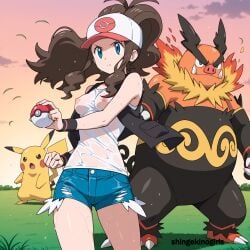 ai_generated anime blue_eyes brown_hair emboar hilda_(pokemon) pokemon pokemon_(species) shingekinogirls