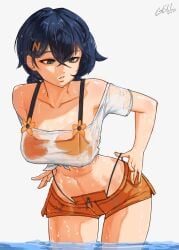 artist_name belle_(delicate_sunlight)_(zenless_zone_zero) belle_(zenless_zone_zero) bikini bikini_under_shorts blue_hair breasts collarbone commentary female gelldraws green_eyes highres large_breasts midriff navel official_alternate_costume orange_bikini orange_shorts partially_submerged see-through_clothes see-through_shirt shirt short_hair shorts simple_background solo swimsuit thighs tied_shirt wet wet_clothes wet_shirt white_background white_shirt zenless_zone_zero