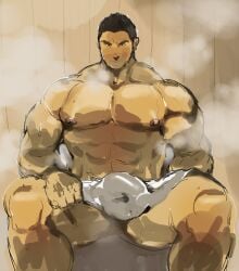 1boy 2019 bara bulge gay male male_only muscular nipples original sauna solo spread_legs sush1tan sweat tagme towel towel_only yaoi