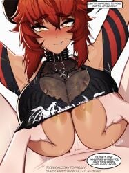 1boy 1girls amber_eyes areolae artist_name breast_grab breasts large_breasts light-skinned_male light_skin morganagod nipples outercourse paizuri paizuri_under_clothes partial_male penis penis_between_breasts red_hair tan-skinned_female tan_body tan_skin unseen_male_face virtual_youtuber vshojo white_background zentreya zentreya_(dragon)