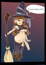 broom clothed dialogue flaccid_penis futanari pervyourbrain simple_background smegma smegma_in_foreskin smile witch witch_hat