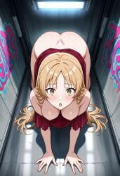 ai_generated big_breasts blonde_hair brown_eyes civitai crawling cute dress graffiti ichinose_riko red_dress rin_x_sen_+_ran_-_sem_cross_mix