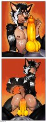 absurd_res anal anal_sex anthro arm_tattoo back_tattoo big_penis bodily_fluids canid canine chest_tattoo choker comic cum cum_in_ass cum_inside dildo duo femboy fur genital_fluids genitals hahazzar hair hi_res jewelry knot knotted_dildo male male/male mammal multicolored_body multicolored_fur multicolored_hair multiple_piercings necklace nipples penetration penis piercing sex sex_toy size_difference tattoo wickerbeast