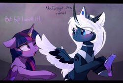 alicorn black_bars blue_eyes blush dildo duo english_text equine feathered_wings feathers female feral friendship_is_magic fur hair hooves horn magnaluna mammal my_little_pony princess_luna_(mlp) princess_twilight_sparkle_(mlp) purple_eyes purple_feathers purple_fur purple_hair sex_toy text twilight_sparkle_(mlp) white_feathers white_hair wings