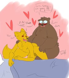 anal anal_sex angus_(nitw) anthro bear bed better_version_at_source brown_fur canine eyewear fox fur furry gay glasses gregg_(nitw) male mammal night_in_the_woods nude papaburry_(artist) penetration simple_background text yaoi yellow_fur