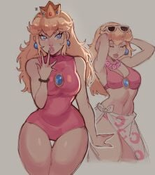 1girls big_breasts bikini blonde_hair blue_eyes breasts crown earrings female mario_(series) navel princess_peach skin_tight solo_female sunglasses sunglasses_on_head swimsuit thick_thighs thighs widisu