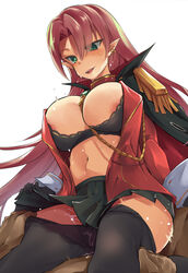 1boy 1girls aiguillette areolae azur_lane bangs between_breasts big_breasts black_bra black_cape black_gloves black_legwear black_skirt blush bra breasts cape cowgirl_position cum cum_in_pussy cum_on_clothes dark-skinned_male dark_skin duke_of_york_(azur_lane) earrings epaulettes female gloves green_eyes happy_sex highres jacket jewelry kaede_momiji large_breasts lifted_by_self light-skinned_female light_skin long_hair long_sleeves looking_down military_jacket miniskirt navel open_clothes open_jacket open_mouth pantyhose pantyhose_pull parted_bangs pointy_ears red_hair red_jacket royal_navy_(azur_lane) sex simple_background skirt skirt_lift smile solo_focus straddling straight sweat underwear vaginal_penetration very_long_hair white_background