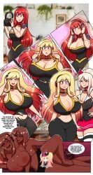 arms_behind_head ass_expansion bimbofication blonde_hair blue_eyes blush brainwashing breast_expansion breasts cleavage female happy_trance hi_res hypnosis hypnotic_music large_ass large_breasts lip_expansion mind_control pink_eyes red_hair spiral_eyes thegxjudgement thick_lips thick_thighs transformation wide_hips