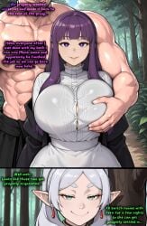 abs after_sex ai_generated bleached bwc comic elf fern_(sousou_no_frieren) frieren_(sousou_no_frieren) groping groping_breast muscular_male non-web_source outdoors partially_unbuttoned purple_hair size_difference sousou_no_frieren suggestive unbuttoned white_male